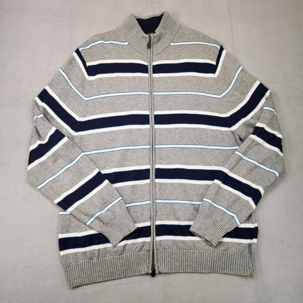 Brooks Brothers 346 Full Zip Up Sweater Men's XL Gray Blue Striped Supima Cotton